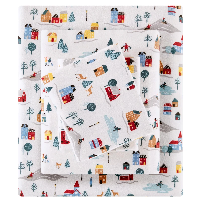 Sleep Philosophy True North 100% Cotton Flannel Sheets Cal King Size, Cozy Flannel Sheet Set Brushed for Extra Softness, Heavyweight Novelty Print Warm Flannel Bedding Set, White Village Print 4 Piece