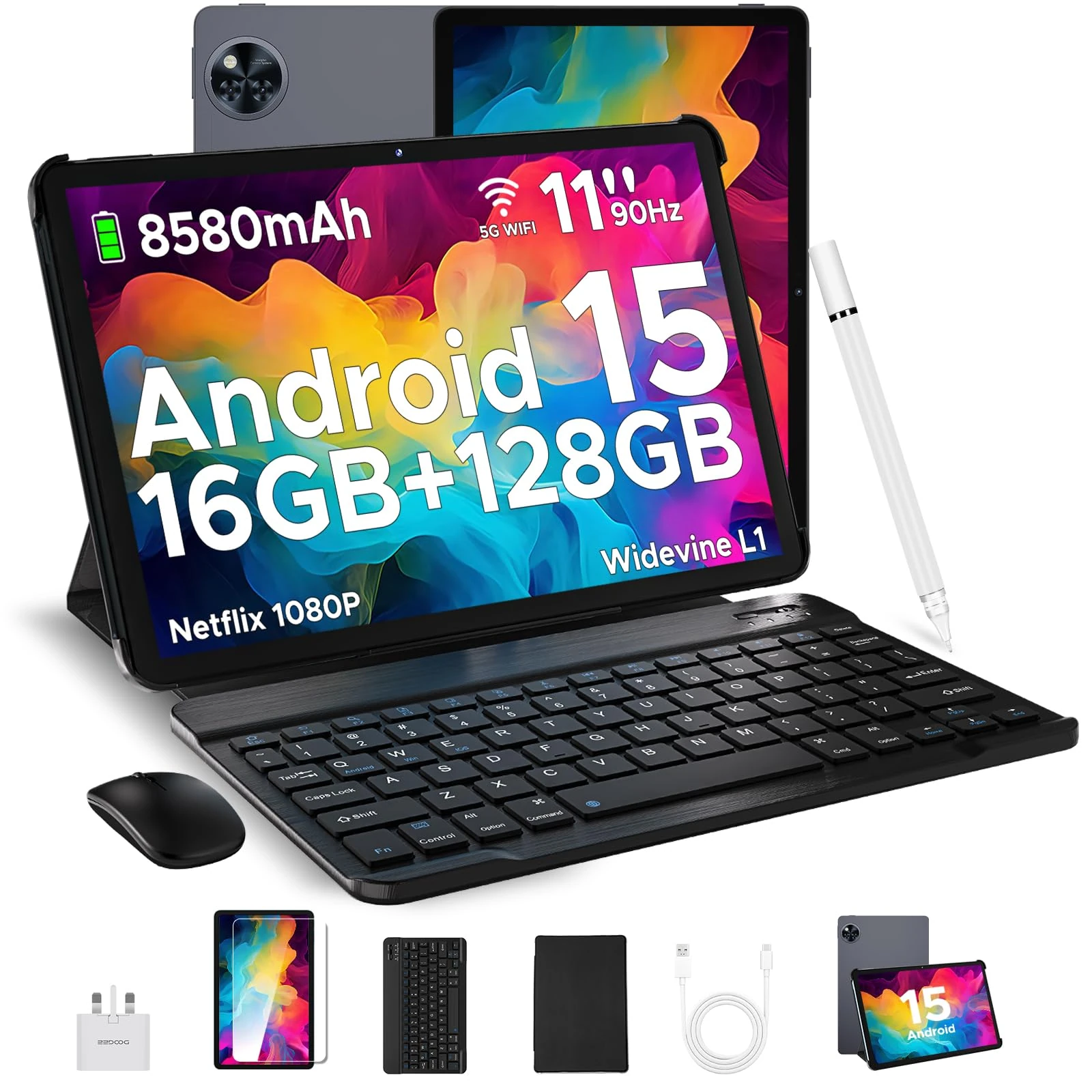 DOOGEE U11 Android 15 Tablets 11 Inch - 2025 Newest Tablet 16GB+128GB/2TB Octa Core, 90 Hz Display, 8580mAh, Android Tablets, 5G WiFi,13MP+5MP,Tablet with Keyboard & Mouse&Case-Gray