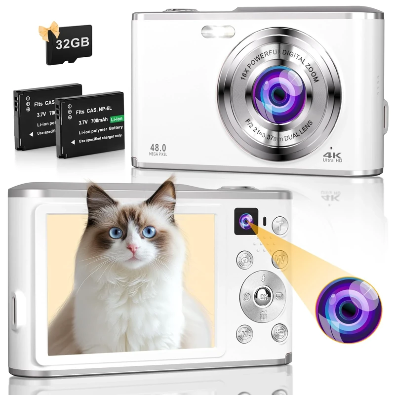 Digital Camera 4K 48MP Autofocus Vlogging Camera with Rear and Front Camera for Photography, 16X Digital Zoom Point and Shoot Cameras with 32GB Card & 2 Batteries Camera for Boys Girls Kids (White)
