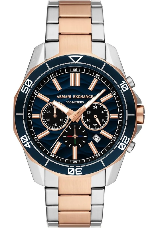 Armani Exchange Silver Tone Watch for Men, Quartz Chronograph Movement and 44mm Case Size with Stainless Steel Strap, Silver and Rose Gold Tone