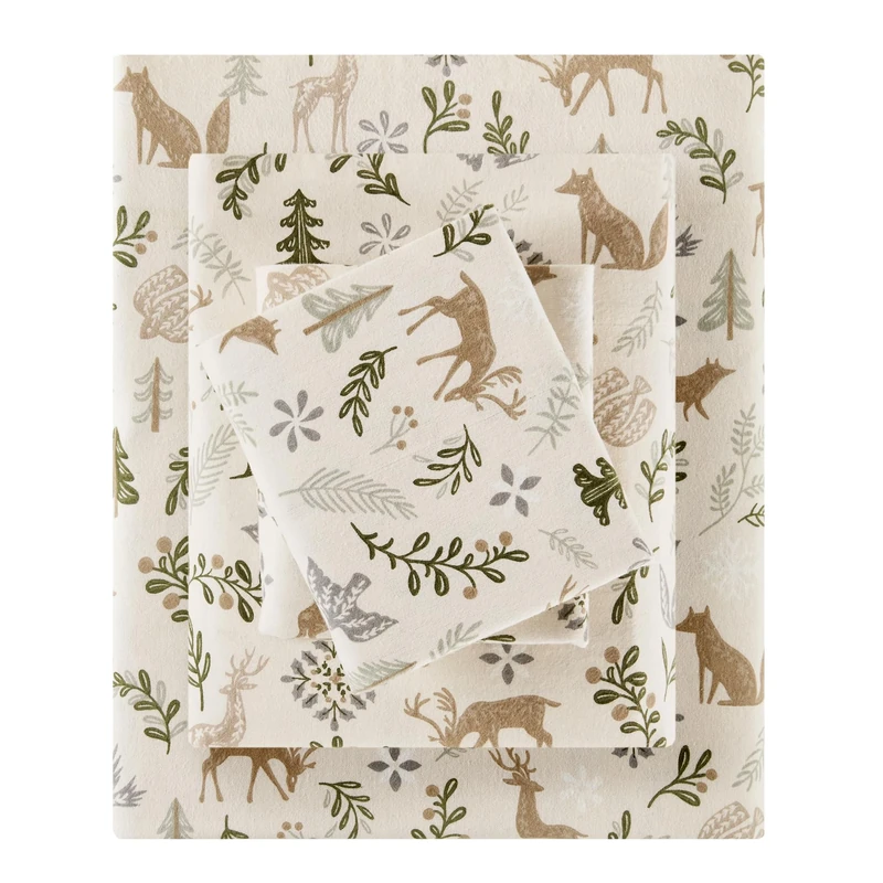 SLEEP PHILOSOPHY True North 100% Cotton Flannel Sheets King Size, Cozy Flannel Sheet Set Brushed for Extra Softness, Heavyweight Novelty Print Warm Flannel Bedding Set, Tan Woodland Winter 4 Piece