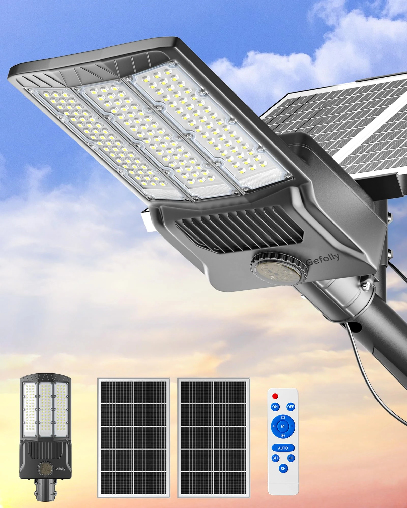 Gefolly SL-12000W Solar Street Lights Outdoor, Commercial Parking Lot Light Dusk to Dawn IP67 Waterproof 6500K Security Flood Lights Lamp for Yard, Road, Basketball Courts