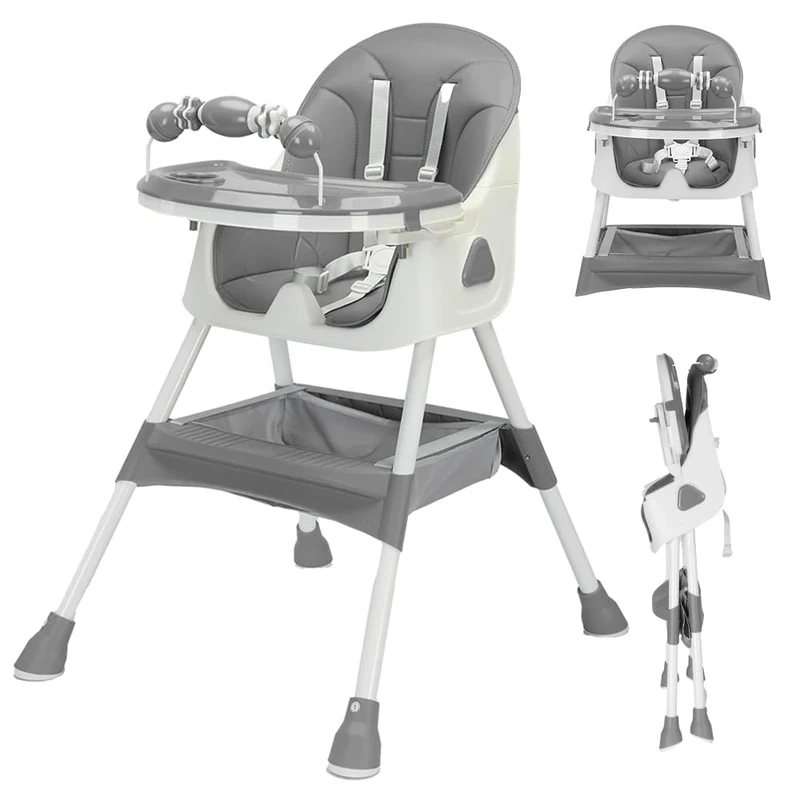 UBRAVOO 3-in-1 Baby HighChair, Foldable Portable Baby Dining Chairs Eat & Play Convertible High Chair with Double-Layer Dinner Plate and Toy Rack(Grey)