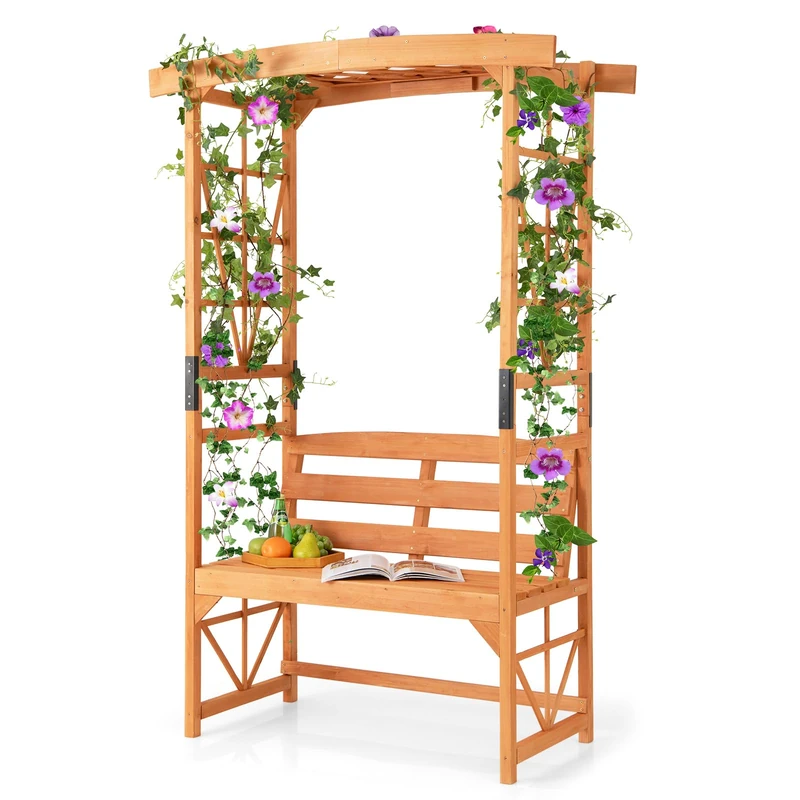 GiantexUK Garden Arch with Bench, 2-Seater Rose Trellis Pergola Pavilion Arbour, Wooden Climbing Plants Support Archway for Patio Lawn Wedding Ceremony Party (120x58x189cm, Diamond Trellis, Orange)