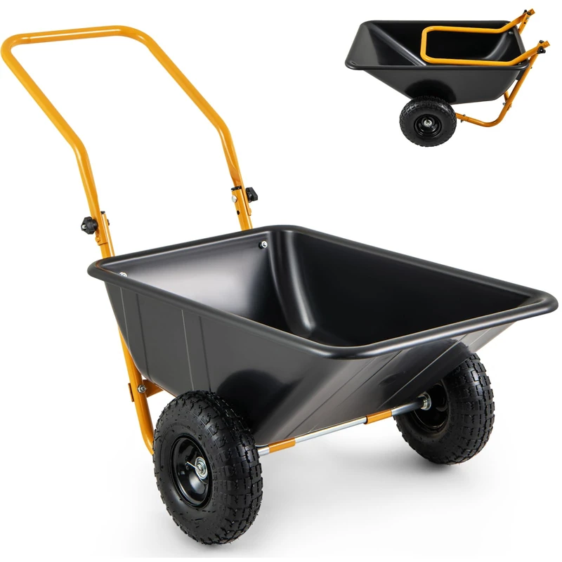 GiantexUK 2-Wheeled Wheelbarrow 80L, Garden Cart with Foldable Handle & Twin Pneumatic Tyres, Heavy-duty Metal Garden Trolley Handcart for Tools Plants Transport (Black+Yellow)