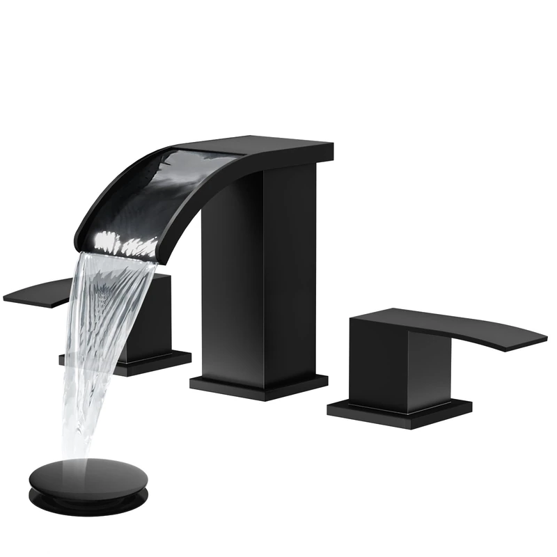 gotonovo Waterfall Bathroom Basin Faucet, 3 Holes, 8" Wide Bathroom Faucet Set, Deck Mounted, 2 Handles, Basin Faucet with Pop Up Drain and Water Supply Lines