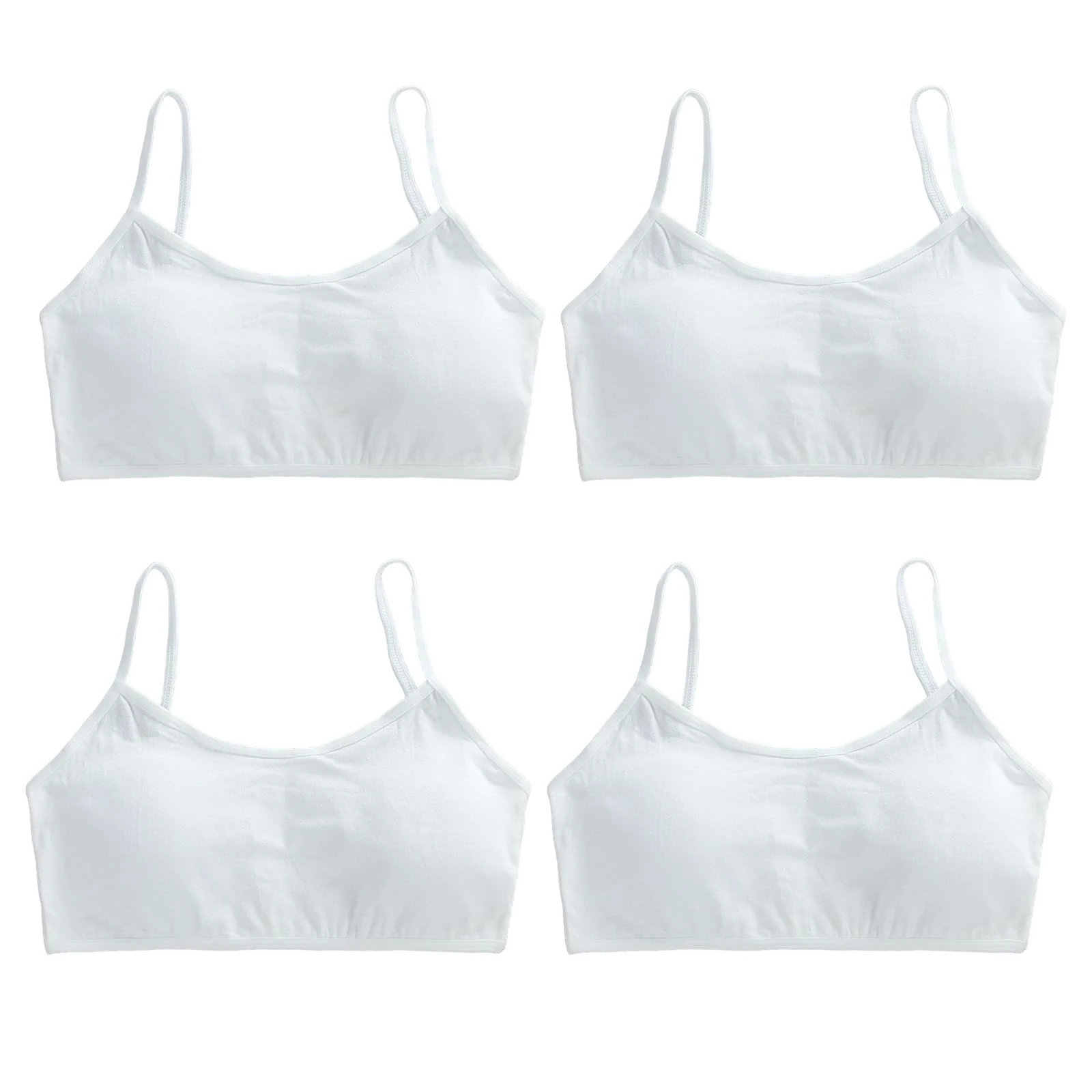 FUIPVGI 4 Pack Sports Bra for Girls, Soft Cotton Girls Sports Bra Vest Training Bras Underwear with Removable Pads, Crop Top Bra for Girls 9-14 Years (White)