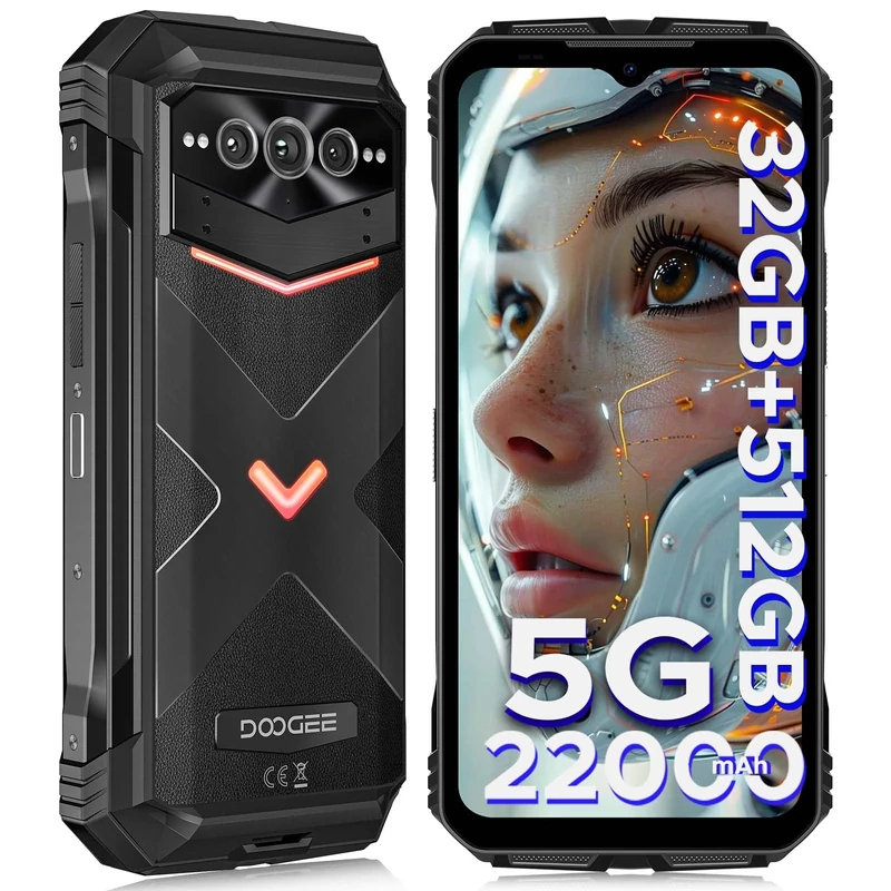 DOOGEE V MAX Pro Rugged Smartphone 5G, 22000mAh/33W, 512GB/TF 2TB Rugged Phone, 6.58” 120Hz FHD+, 108MP+20MP Night Vision, 5G Dual SIM Waterproof Phone, Face/Fingerprint Unlock/NFC, Black