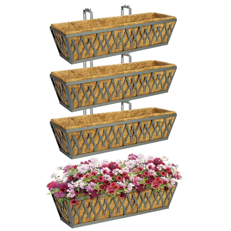 Karlliu 4 Pack 24 Inch Window Boxes Planters Railing Planter Box with Adjustable Brackets for Porch Fence Patio Balcony Hanging Flower Baskets with Coco Liners for Outdoor Garden Decor - Dark Grey