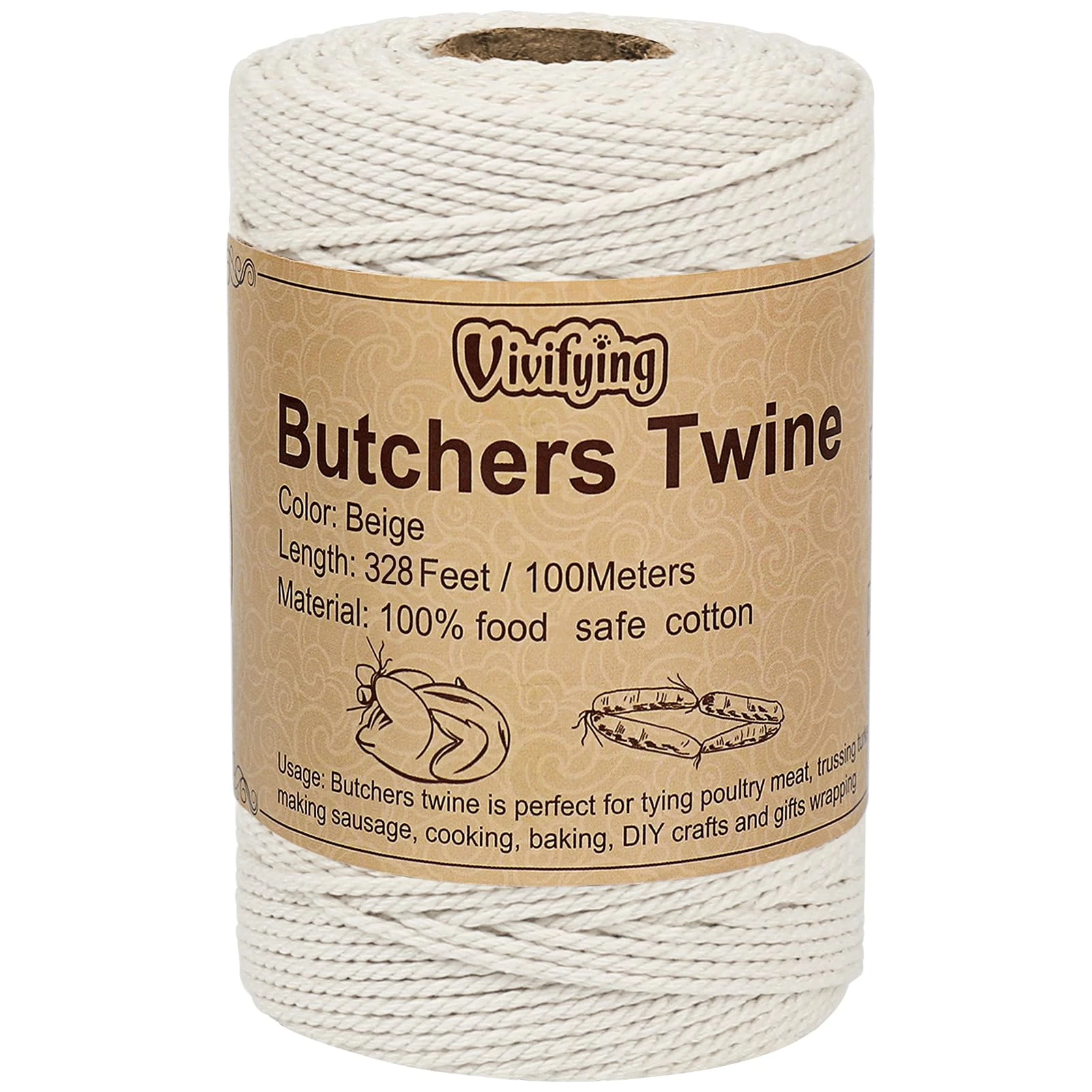 Vivifying 328 Feet 2MM Butchers String, 100M 3ply Cotton Butchers Twine, Food Safe Cooking String for Tying Meat, Kitchen Twine for Making Sausage and Trussing Poultry (White)