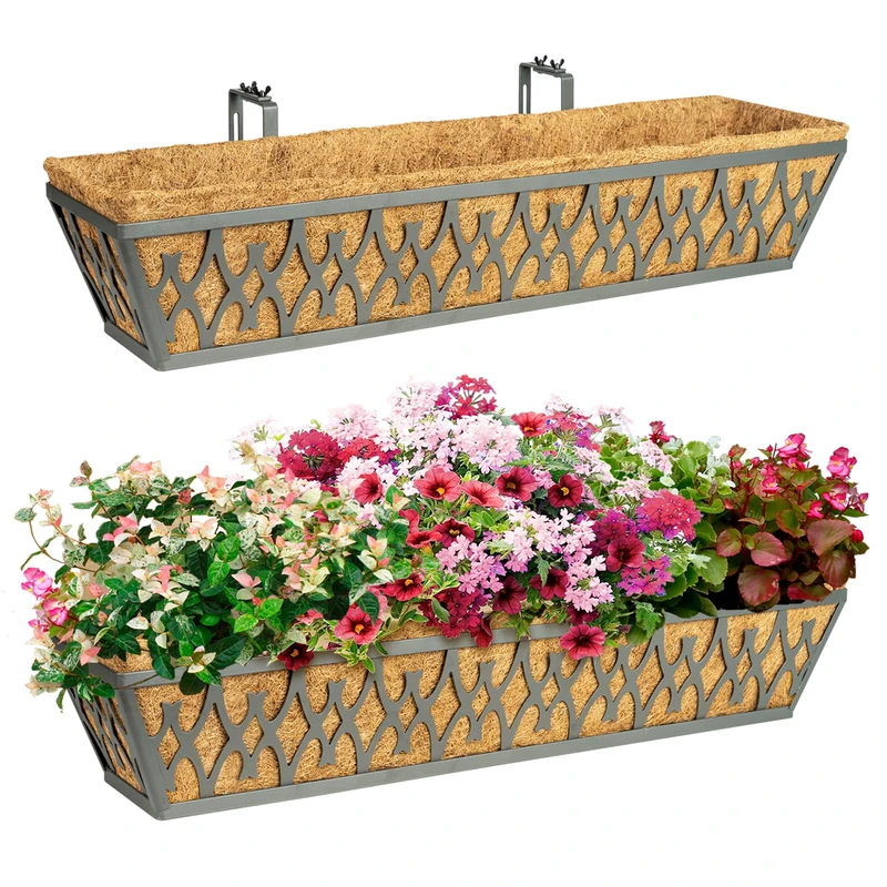 Karlliu 2 Pack 30 Inch Window Boxes Planters Railing Planter Box with Adjustable Brackets for Porch Fence Patio Balcony Hanging Flower Baskets with Coco Liners for Outdoor Garden Decor - Dark Grey