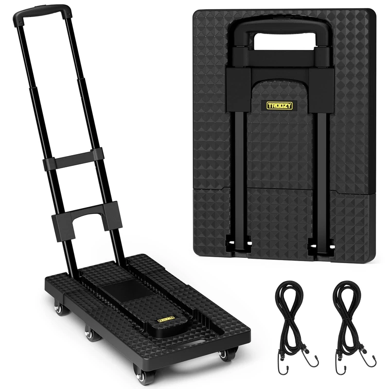 Folding Hand Trucks, Heavy Duty Dolly Cart with 6 Wheels & 2 Elastic Ropes, Foldable & Ideal for Luggage, Travel, Moving, Shopping, Office Use, Hold Up to 500 LB, Easy to Store, Coal Black