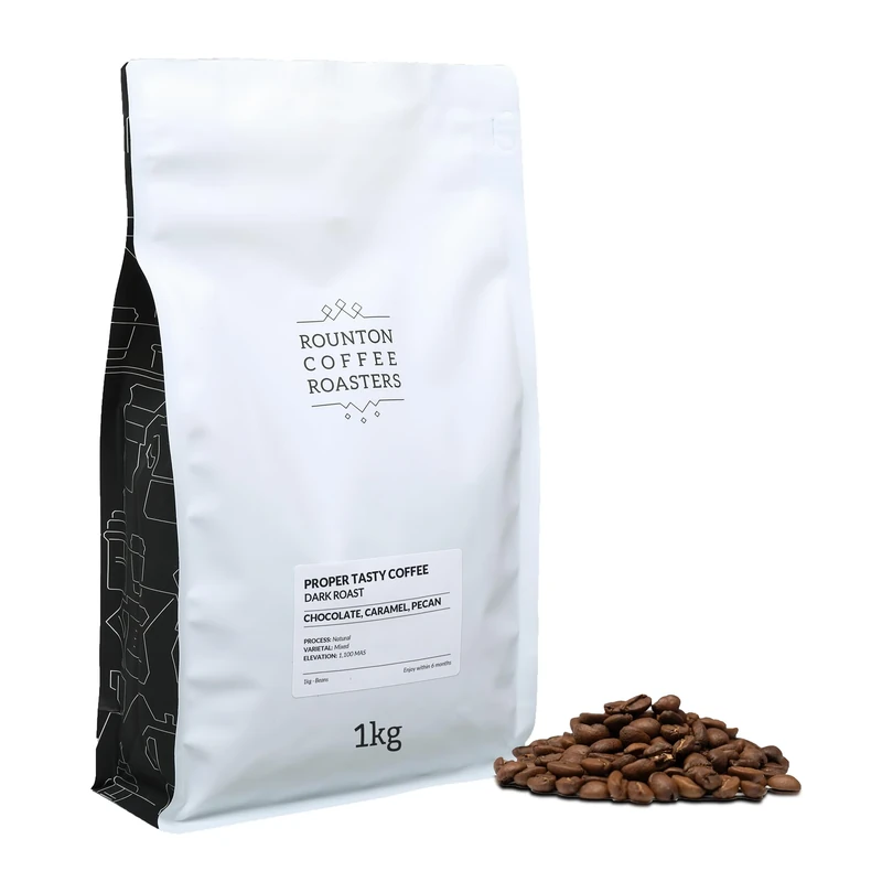 Rounton Coffee Roasters | Proper Tasty Coffee | Dark Roast 1kg | Fresh 100% Arabica Espresso Beans | Notes of Chocolate, Caramel & Pecan | Intensity 5/5 | Smooth All-Day Coffee