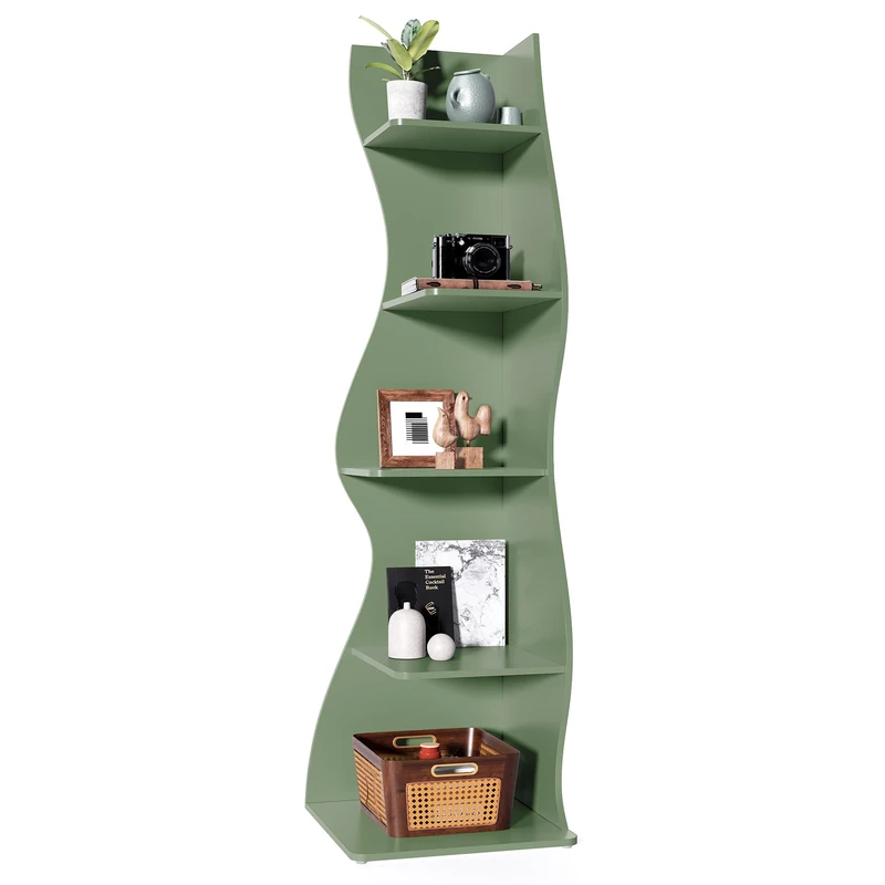 LITTLE TREE Small Corner Shelf, Modern 5-Tier Wall Corner Bookshelf, Stylish Bookcase Storage Rack for Small Space, Living Room, Bedroom Green