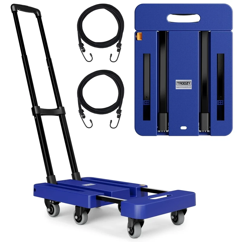 TROOZY Folding Hand Trucks, Heavy Duty Dolly Cart with 6 Wheels & 2 Elastic Ropes, Foldable & Ideal for Luggage, Travel, Moving, Shopping, Office Use, Hold Up to 500 LB, Easy to Store, Navy Blue