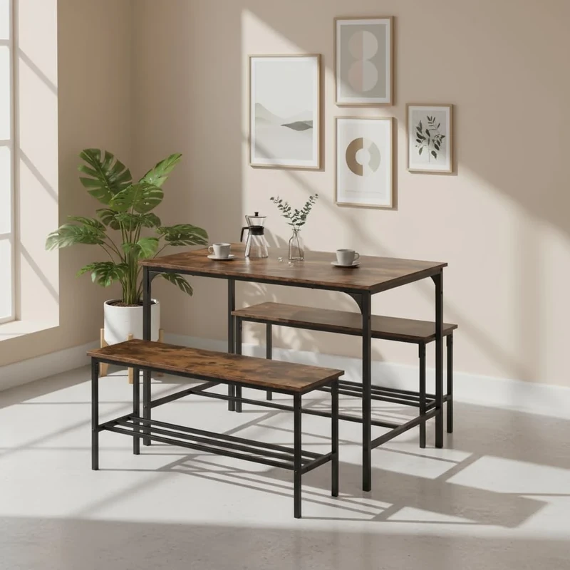 FurnitureR Ractangular Dining Table with 2 Benches, 3 Piece Set, Kitchen Table of 70 x 110 x 74 cm,2 Benches with Storage Shelf 30x100x45cm,Steel Frame, Industrial Design, Rustic Brown and Black