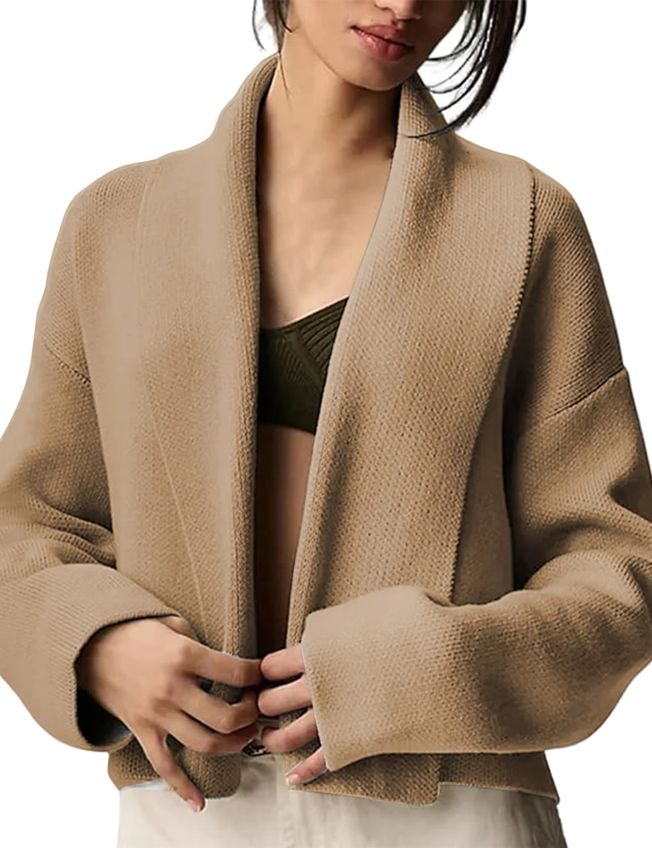 BQDCQB Womens Cropped Cardigan Sweaters Open Front Coatigan Jacket Long Sleeve Sweater Coat Trendy Fall Winter Outerwear, Khaki, Small