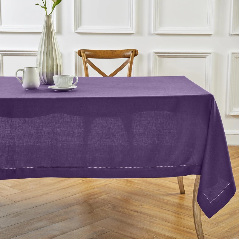 Solino Home 100% Linen Tablecloth Purple, Classic Hemstitch 60 x 108 in