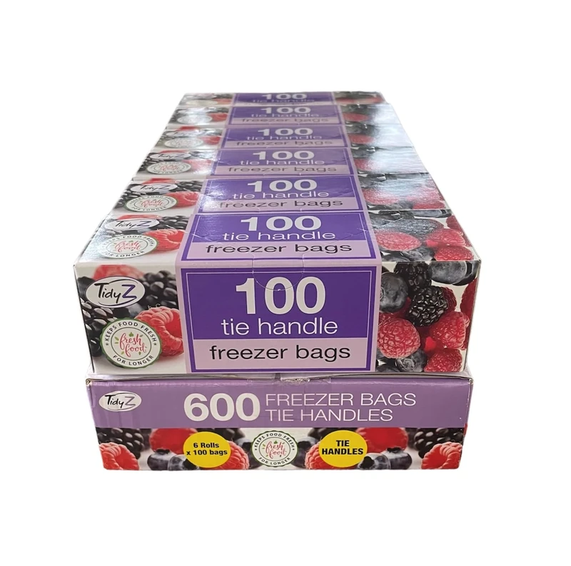 600 TidyZ Food Freezer Bags with TIe Handles. Large Kitchen Storage Bags. For Fresh Food, Vegetables, Fruit, Meat, Meal Prep, Sandwiches. Bulk Pack. 6 Boxes of 100 Bags