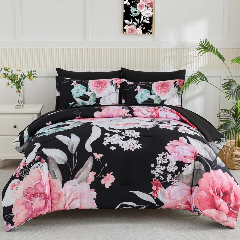 Yogeneg Queen Comforter Set 7 Piece Bed in a Bag,Pink Floral Botanical Pattern Black Bedding Set,Soft Microfiber Comforter with Sheet Set,All Season Bed Set(Pink,Queen)