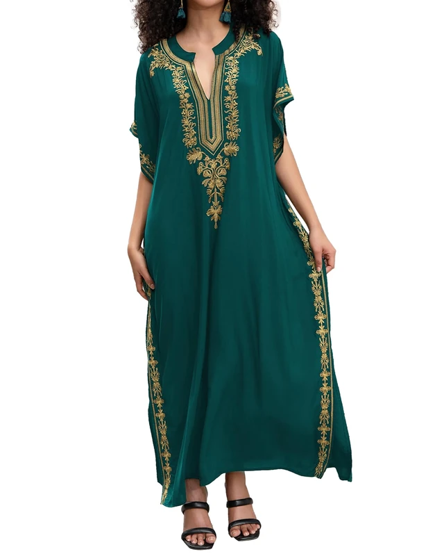 Bsubseach Kaftan Dresses for Women Embroidery Bathing Suit Cover Up Mumu Dresses Long Caftans Casual Resort Wear Dark Green