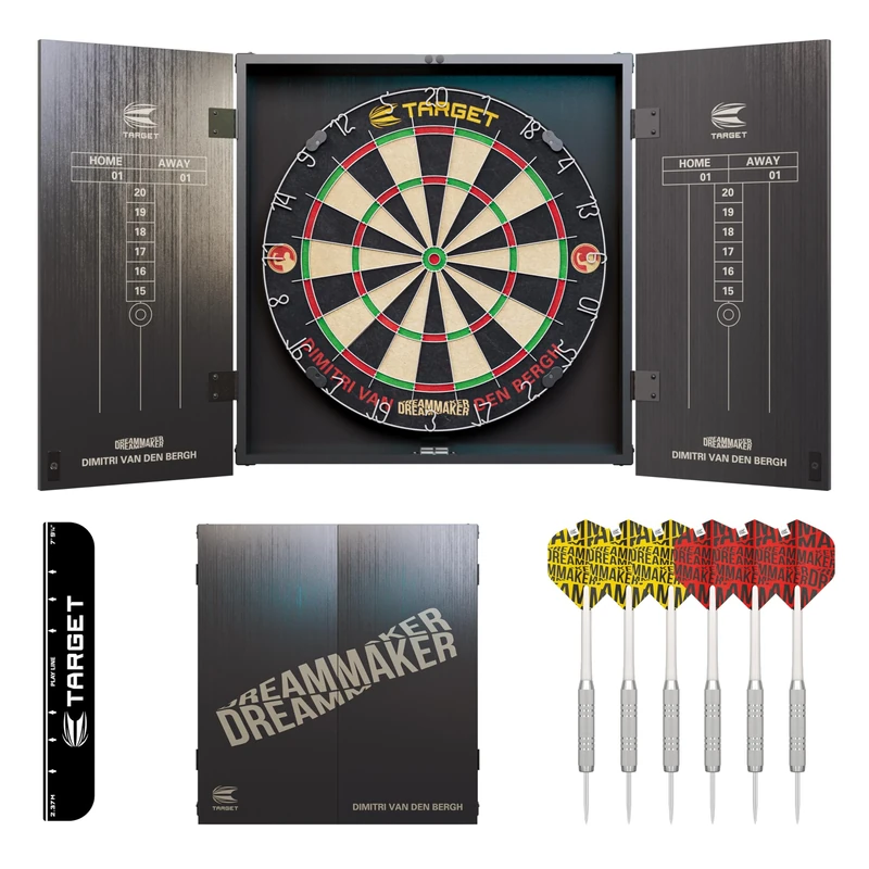 Target Darts Dimitri Van den Bergh Cabinet & Dartboard Set | Player Edition DVB Dart Board Cupboard Set with 2 Sets of Steel Tip Darts, Score Charts, Competition Standard Throw Line