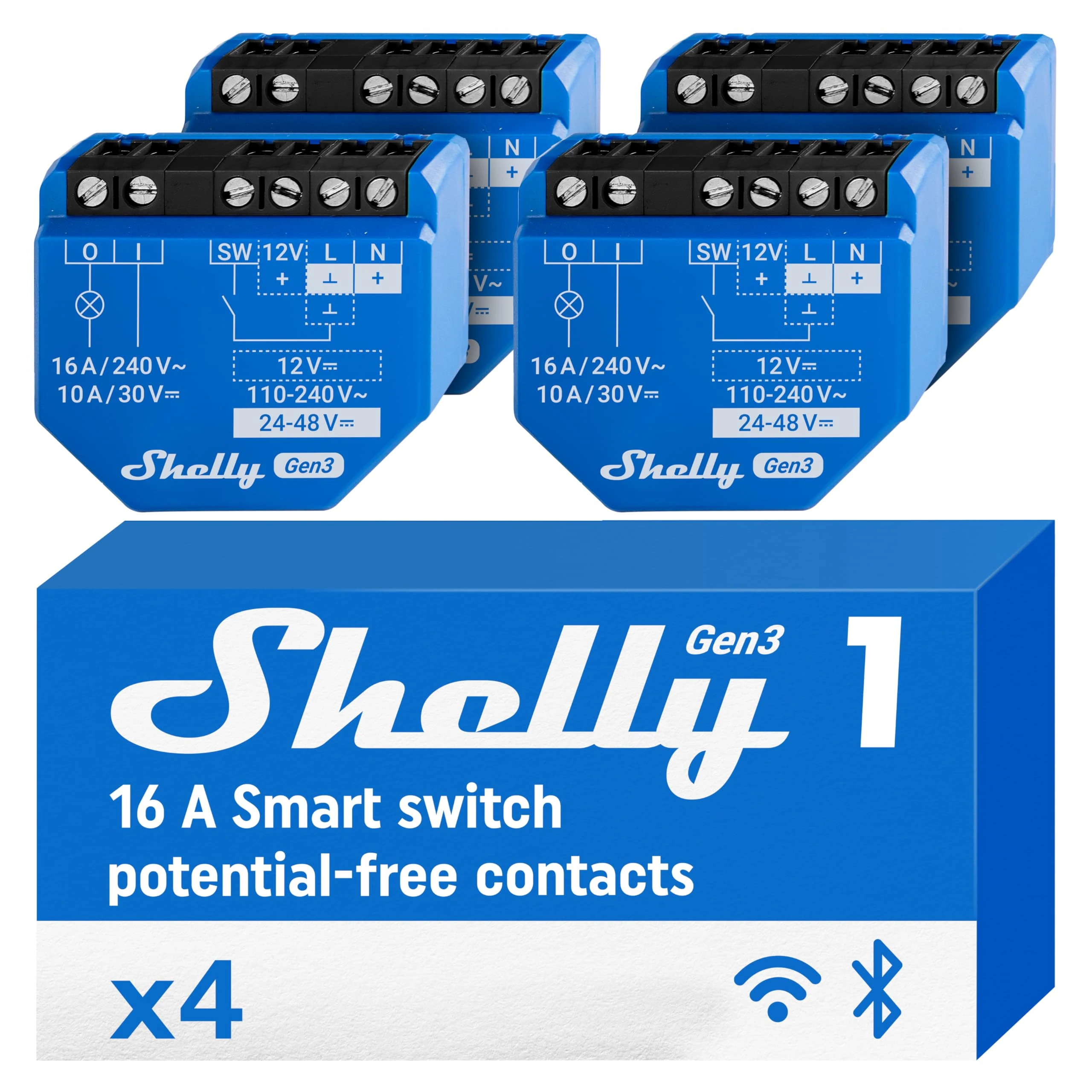 Shelly 1 Gen3, Wi-Fi Smart Relay Switch, 16A, Dry Contacts, Home Automation, Lights, Garage Door Remote Control, iOS Android, Alexa & Google Home, No Hub Required (4 Pack)