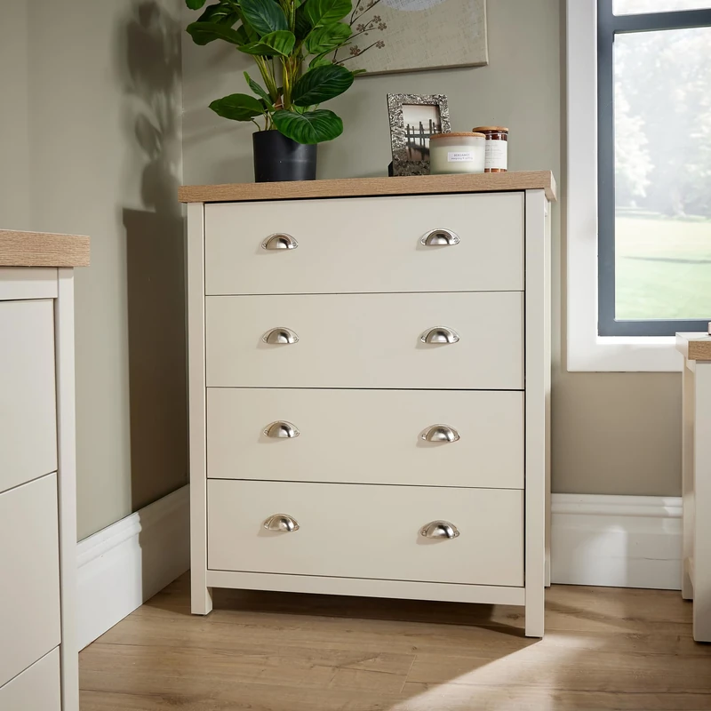 Home Source Wide Chest of Drawers Clothing Storage Unit, 4 Drawers, Cream, Sonoma Oak Effect