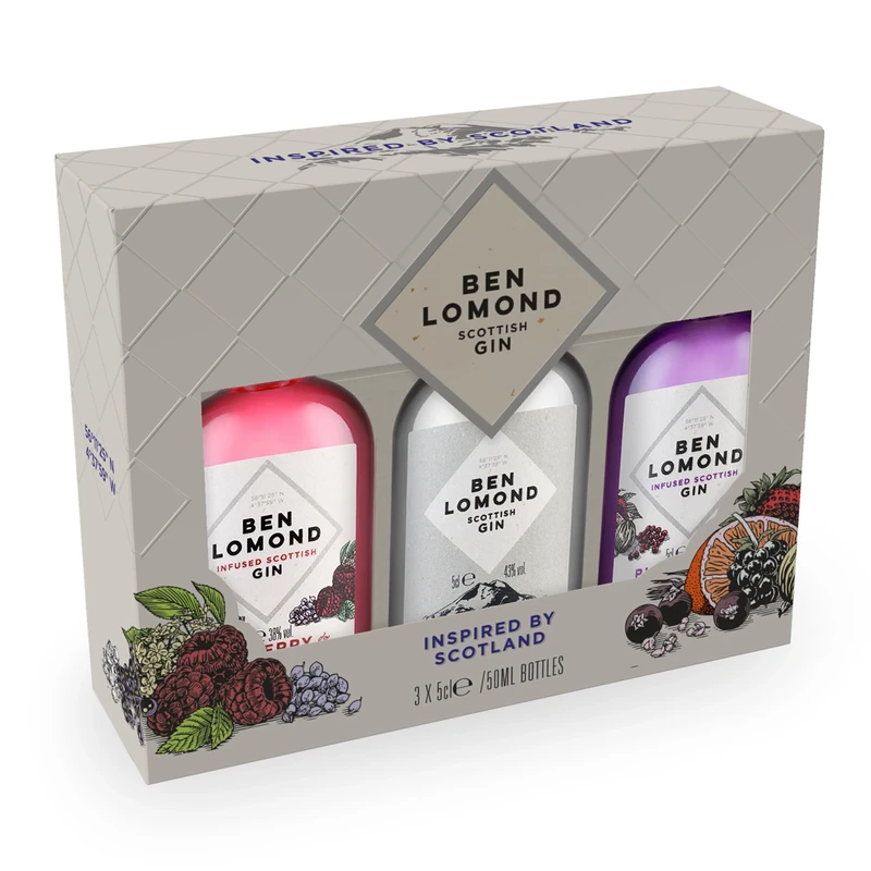 Ben Lomond Flavoured Gin Gift Set, 3 x 5cl Miniature Gin Bottles: Classic Ben Lomond London Dry, Blackberry & Gooseberry and Raspberry & Elderflower | Mothers Day Gifts