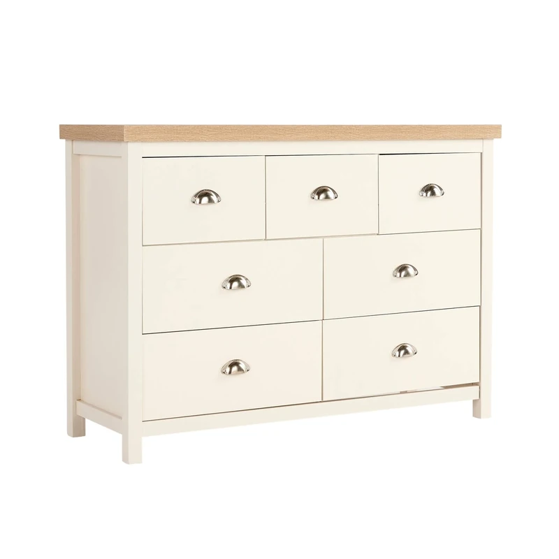 Home Source Wide Chest of Drawers Clothing Storage Unit, 7 Drawers, Cream, Sonoma Oak Effect
