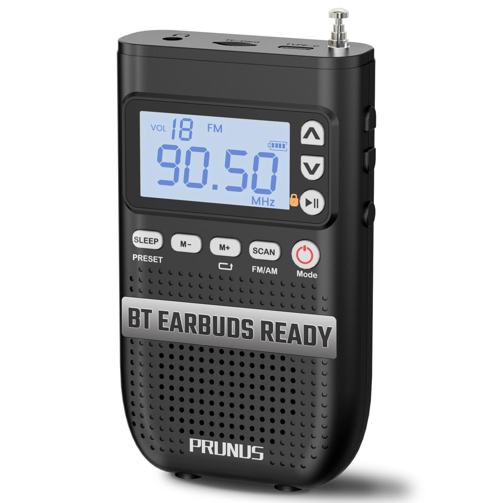 PRUNUS J-618 Portable Radio AM FM, Support Bluetooth Headphones Connection, Small Digital Radio with 2000mah Rechargeable Battery, Manual Preset/TF Card/Headphone Jack/Sleep Timer