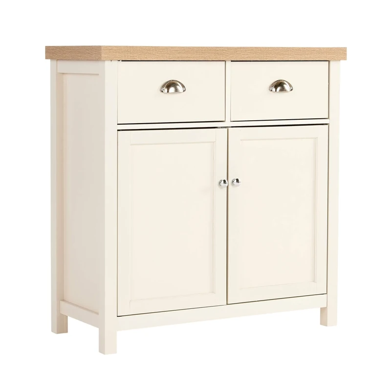 Home Source 2 Door 2 Drawer Sideboard Storage Cupboard with Metal Handles, Oak Effect, White