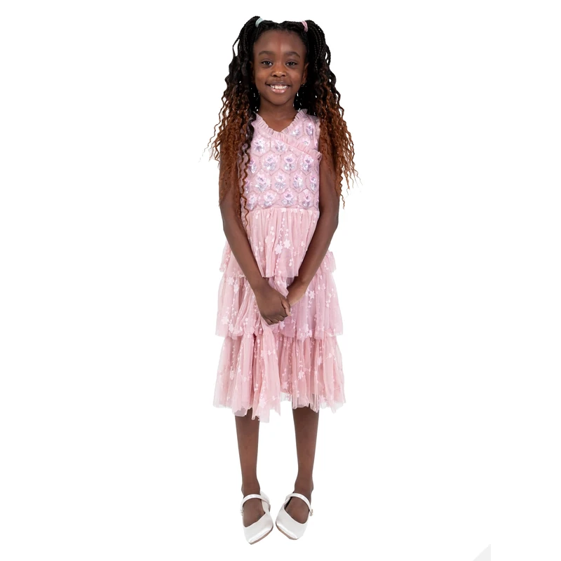 Maya Deluxe Girl's Dress Sequin Embellished Tulle Tutu Ruffles Princess Bridesmaid Wedding Guest Kids Childrens Party Flower Girl, Ballet Pink Age 7-8 Years