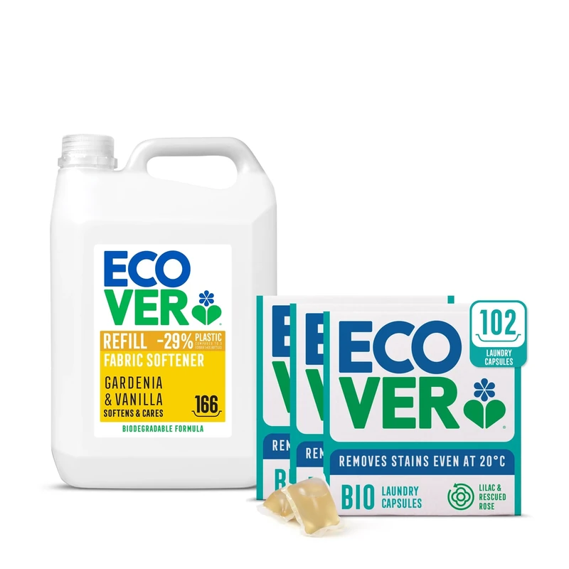 Ecover Bio Washing Capsules - Laundry Capsules/Tablets - Lilac & Rescued Rose Scent, 3X Pack of 34 & Ecover Fabric Softener Refill, Gardenia & Vanilla, 5L, 166 Wash