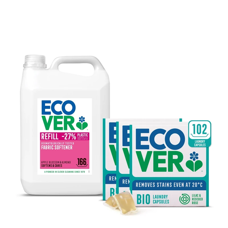 Ecover Bio Washing Capsules - Laundry Capsules/Tablets - Rescued Rose Scent, 3X Pack of 34 & Ecover Fabric Softener Refill Apple Blossom & Almond, 166 Wash