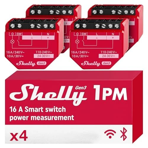 Shelly 1PM Gen3, Wi-Fi Smart Relay Switch, 16A, Power Monitoring, Real-Time Power Metering, Home Automation, Alexa & Google Home, iOS & Android, No Hub Required (4 Pack)