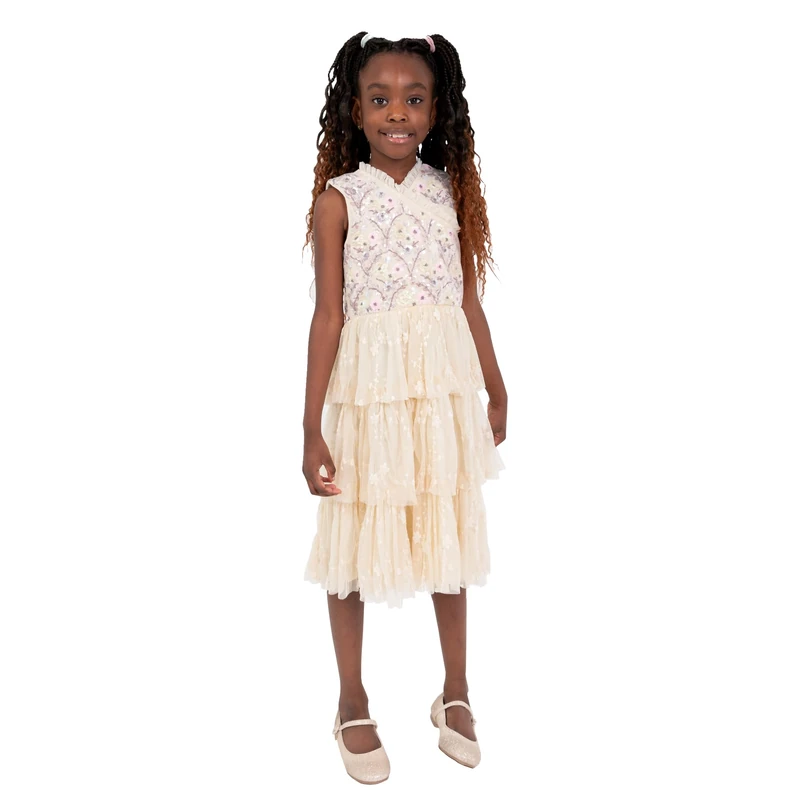 Maya Deluxe Girl's Dress Sequin Embellished Tulle Tutu Ruffles Princess Bridesmaid Wedding Guest Kids Childrens Party Flower Girl, Ecru Age 5-6 Years - Image 1