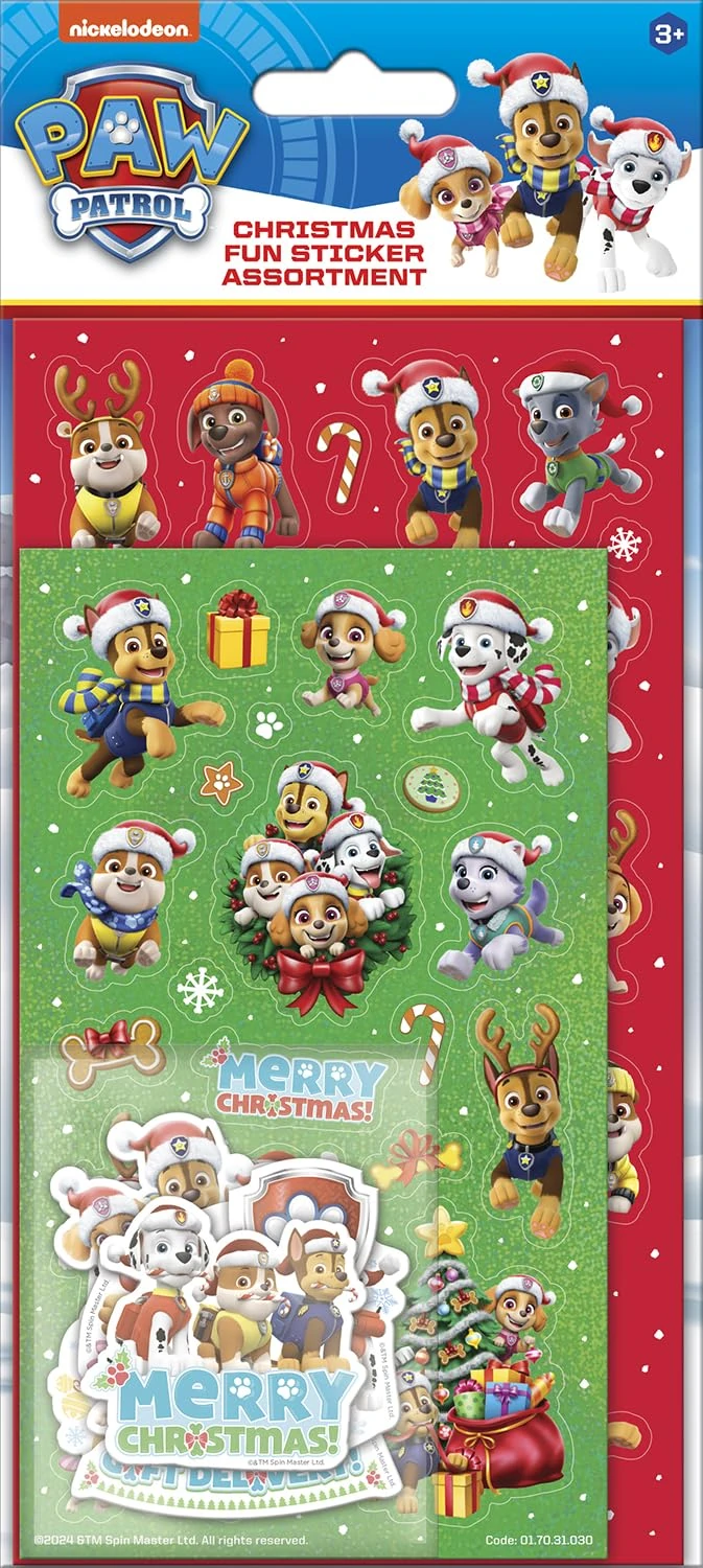 PAW Patrol Christmas Assortment Pack, Three Types of Stickers, 50+ in Total, Great Stocking Filler and Christmas Gifts, Reusable on Non-Porous Surfaces, Age 3+