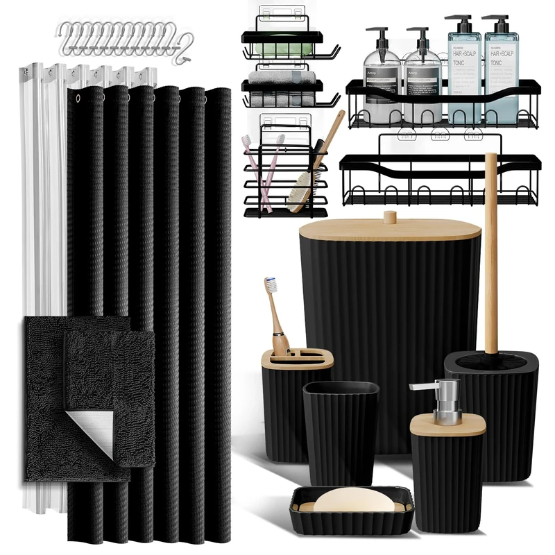 Shower Caddy and Bathroom Accessories Set with Bath Rugs 27PC Bathroom Accessory Set with Shower Caddies Black Bath Rugs, Shower Curtain Set, Toilet Brush, Trash Can, Soap Dispenser, Toothbrush holder