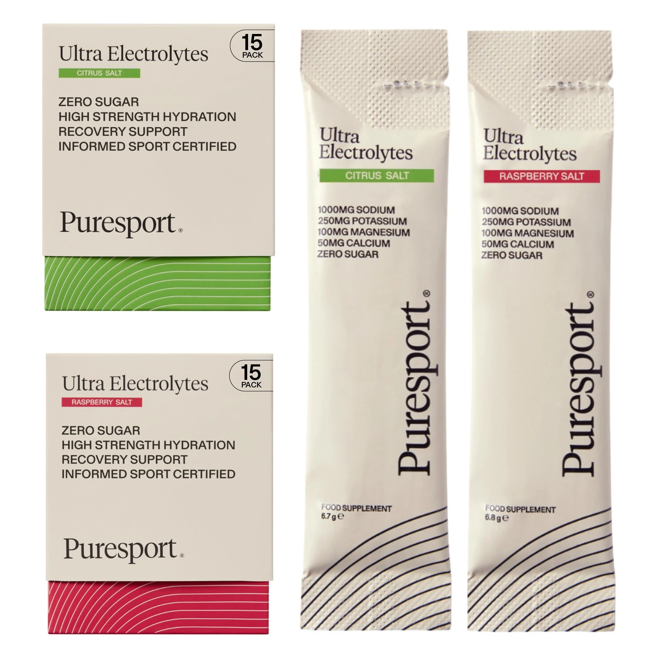 Puresport Ultra Electrolytes Hydration Discovery Pack (30 Pack) | Citrus & Raspberry Salt/15 Electrolyte Sachets of Each | Sugar Free Electrolytes Powder | Optimises Hydration/Supports Muscles