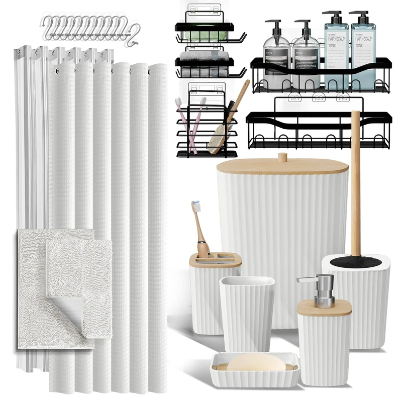 Shower Caddy and Bathroom Accessories Set with Bath Rugs 27PC Bathroom Accessory Set with Shower Caddies White Bath Rugs, Shower Curtain Set, Toilet Brush, Trash Can, Soap Dispenser, Toothbrush holder