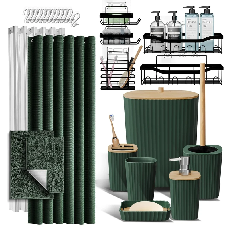 Shower Caddy and Bathroom Accessories Set with Bath Rugs 27PC Bathroom Accessory Set with Shower Caddies Green Bath Rugs, Shower Curtain Set, Toilet Brush, Trash Can, Soap Dispenser, Toothbrush holder