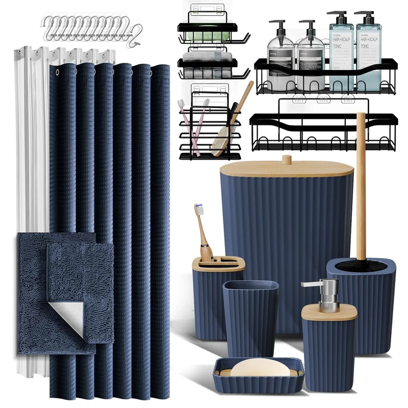 Shower Caddy and Bathroom Accessories Set with Bath Rugs, 27PC Bathroom Accessory Set with Shower Caddies Navy Bath Rugs, Shower Curtain Set, Toilet Brush, Trash Can, Soap Dispenser, Toothbrush holder