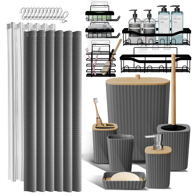 Clara Clark 25PC Modern Rustic Boho Grey Bathroom Accessory Set with Shower Caddy, Toothbrush Holder, Soap Dispenser, Trash Can, Toilet Brush, Shower Curtain Set