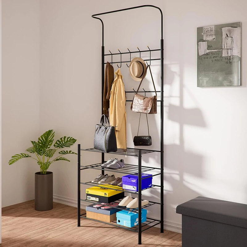 BAKAJI 18 Hooks Metal Entrance Coat Stand Sturdy Structure Space Saving Heavy Duty Living Room Clothes Hanger Ideal for Coats Hats Bags Shoes (5 Tiers)