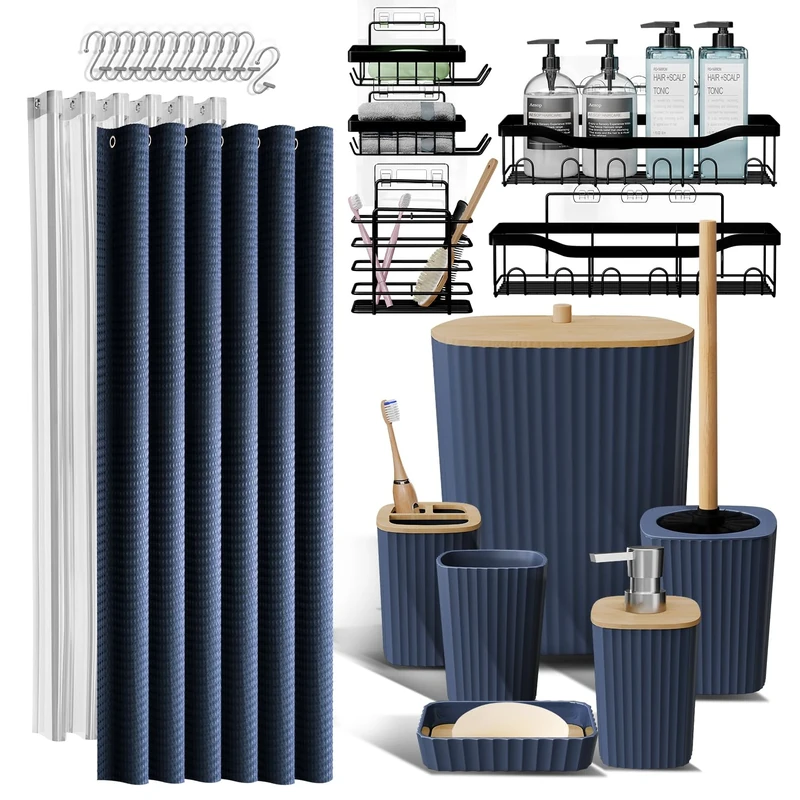 Shower Caddy and Bathroom Accessories Set, 25PC Bathroom Accessory Set with Shower Shelf Caddy for Bathroom Storage, Navy Shower Curtain Set, Toilet Brush, Trash Can, Soap Dispenser, Toothbrush holder