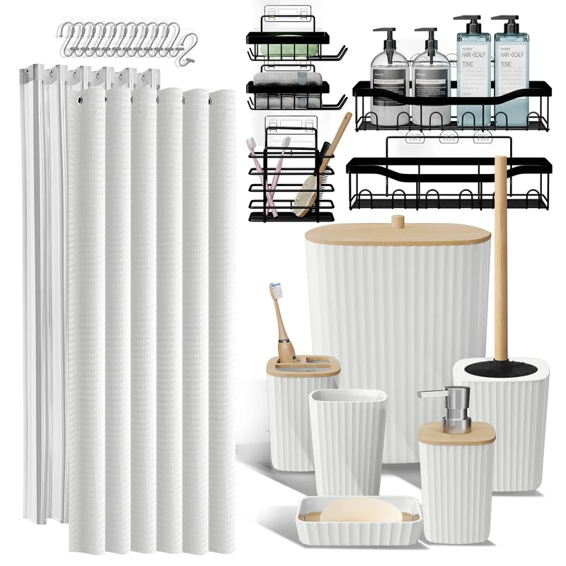 Shower Caddy and Bathroom Accessories Set 25PC Bathroom Accessory Set with Shower Shelf Caddy for Bathroom Storage, White Shower Curtain Set, Toilet Brush, Trash Can, Soap Dispenser, Toothbrush holder