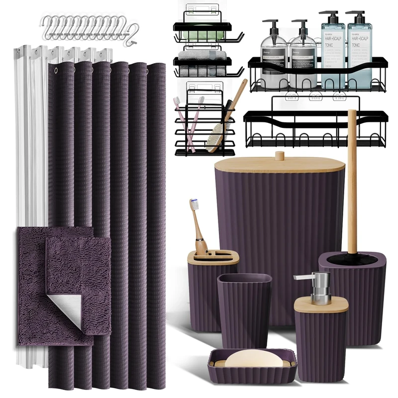 Shower Caddy and Bathroom Accessories Set with Bath Rugs 27PC Bathroom Accessory Set with Shower Caddies Purple Bath Rugs, Shower Curtain Set, Toilet Brush Trash Can, Soap Dispenser, Toothbrush holder