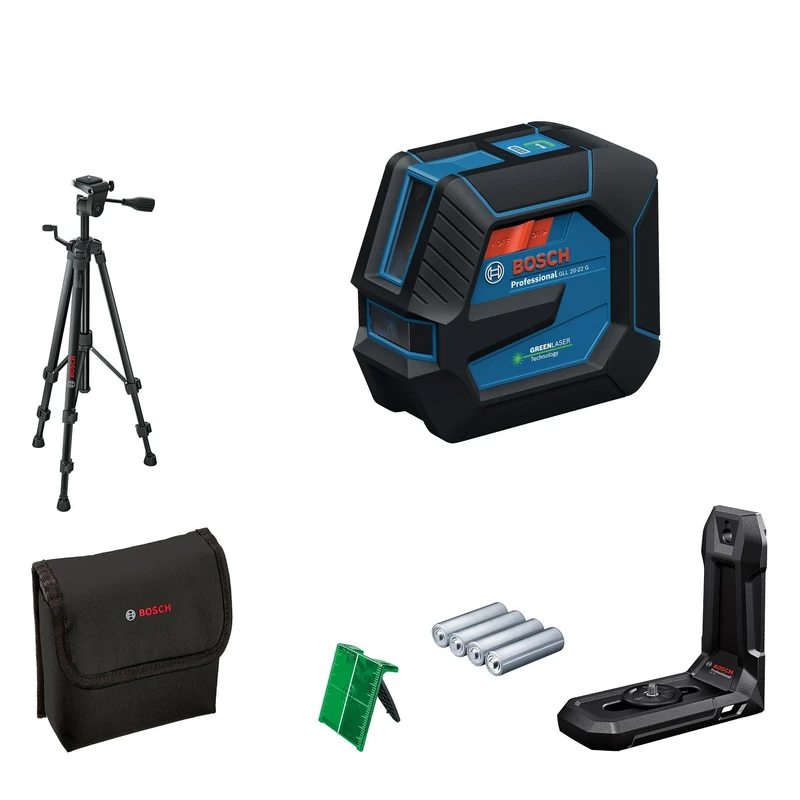 Bosch Professional line Laser GLL 20-22 G LB 10 Bracket, Green Laser, Indoor use, Dual Power Source, 2 x 1.5V LR6 Batteries, Protective Bag, BT 150 Tripod