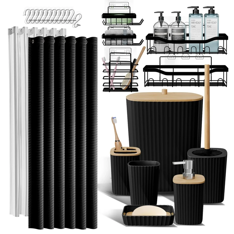 Shower Caddy and Bathroom Accessories Set 25PC Bathroom Accessory Set with Shower Shelf Caddy for Bathroom Storage, Black Shower Curtain Set, Toilet Brush, Trash Can, Soap Dispenser, Toothbrush holder